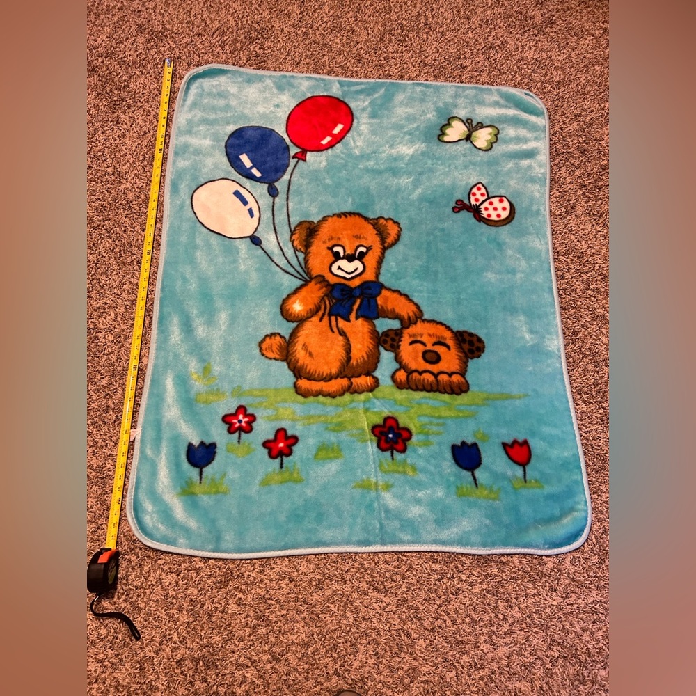 Vintage Baby Blanket Teddy Bear Balloons Puppy Dog Butterfly Mink Plush Blue